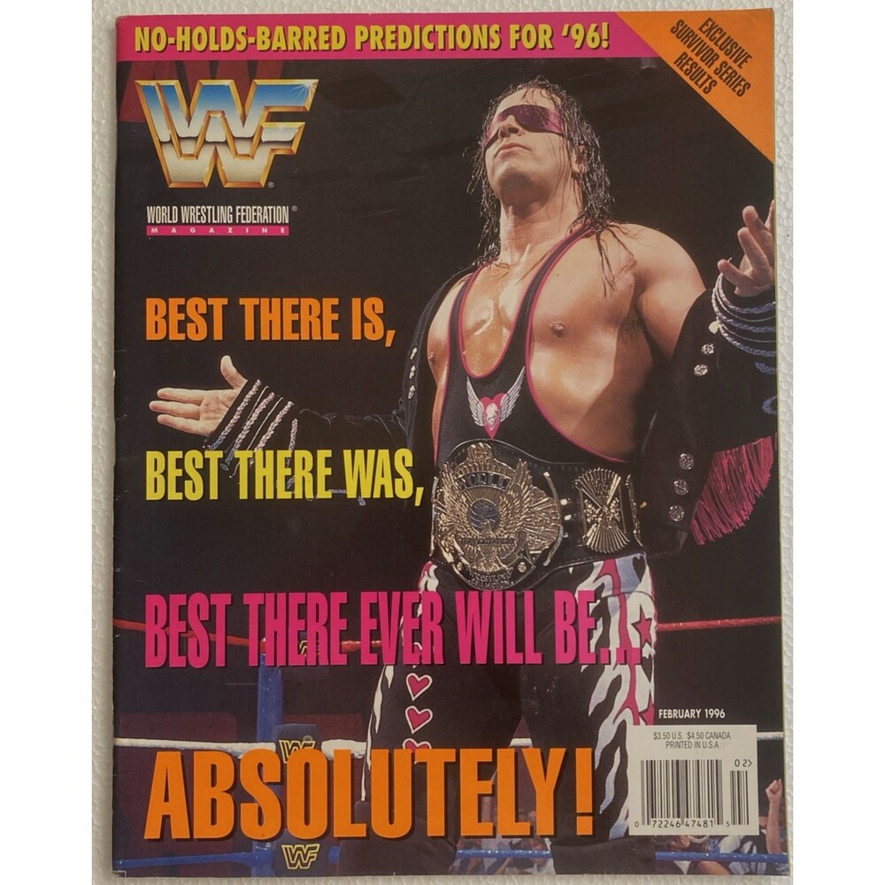 Vintage WWF Magazine Feb 1996 Bret Hart Cover Uncut Trading Cards Sheet Intact